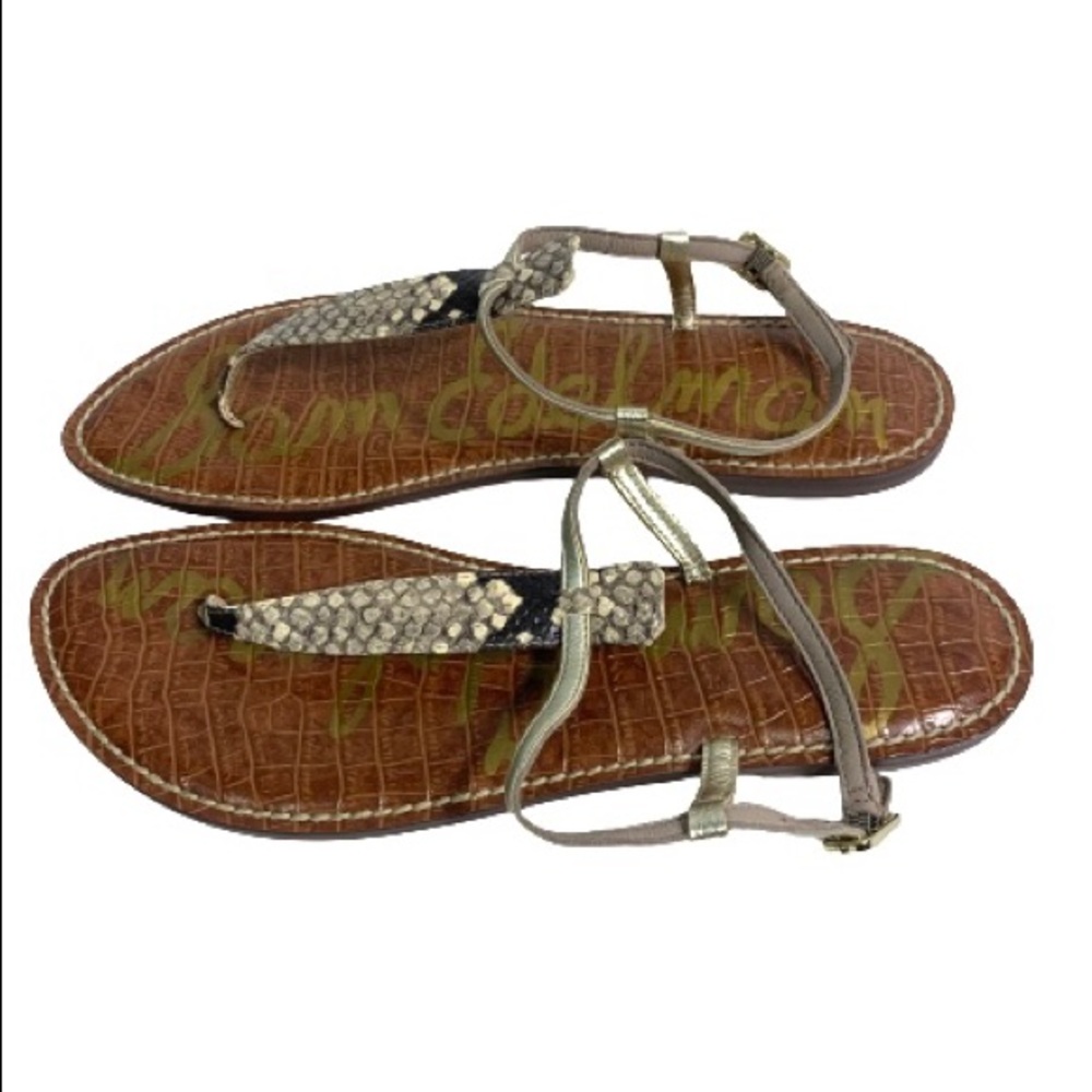 Sam Edelman Brown Crocodile-Print Thong Sandals with Gold Accents